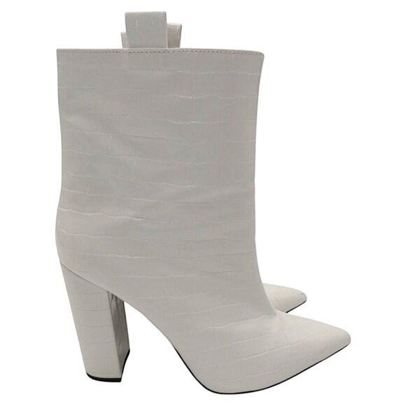 White Croc Embossed Ankle Boots Pointed Toe Block Heel Y2K Baddie Boss Babe - Picture 1 of 11